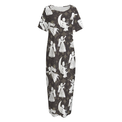 Angel And Snowflake Pattern Print Short Sleeve Long Nightdress