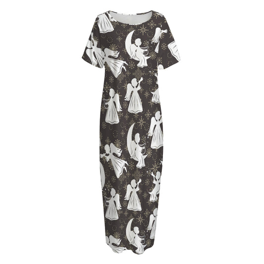 Angel And Snowflake Pattern Print Short Sleeve Long Nightdress