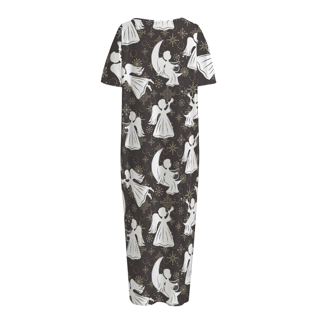 Angel And Snowflake Pattern Print Short Sleeve Long Nightdress