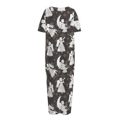 Angel And Snowflake Pattern Print Short Sleeve Long Nightdress