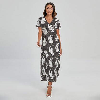 Angel And Snowflake Pattern Print Short Sleeve Maxi Dress