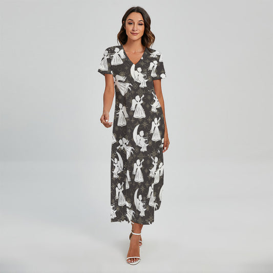 Angel And Snowflake Pattern Print Short Sleeve Maxi Dress