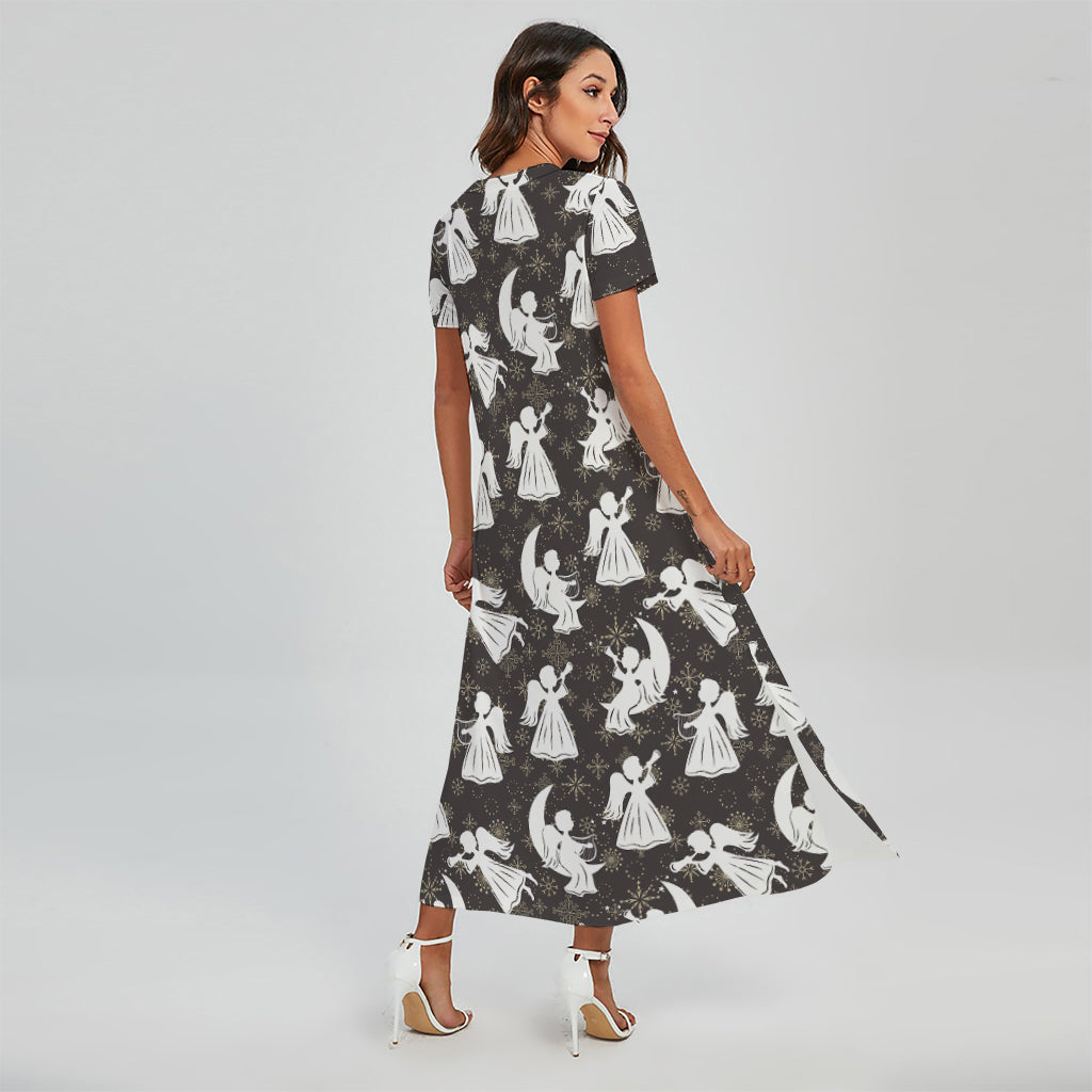 Angel And Snowflake Pattern Print Short Sleeve Maxi Dress