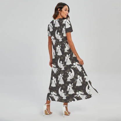 Angel And Snowflake Pattern Print Short Sleeve Maxi Dress