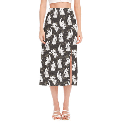 Angel And Snowflake Pattern Print Side Slit Midi Skirt
