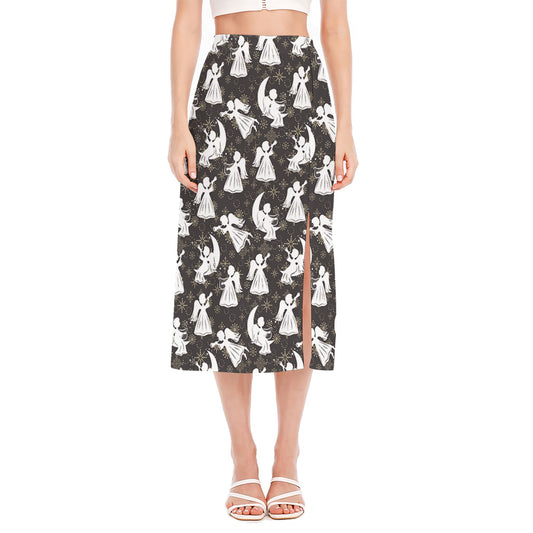 Angel And Snowflake Pattern Print Side Slit Midi Skirt