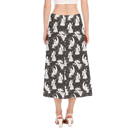 Angel And Snowflake Pattern Print Side Slit Midi Skirt