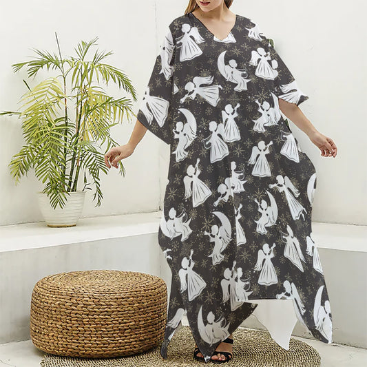 Angel And Snowflake Pattern Print Silk V-Neck Kaftan Dress