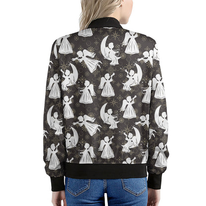 Angel And Snowflake Pattern Print Women's Bomber Jacket