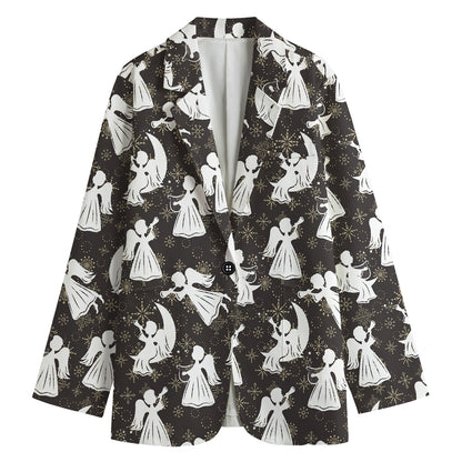 Angel And Snowflake Pattern Print Women's Cotton Blazer