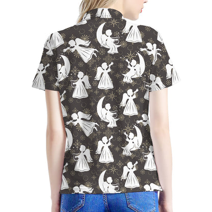 Angel And Snowflake Pattern Print Women's Polo Shirt