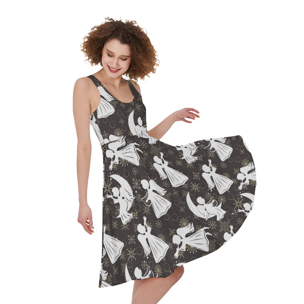 Angel And Snowflake Pattern Print Women's Sleeveless Dress