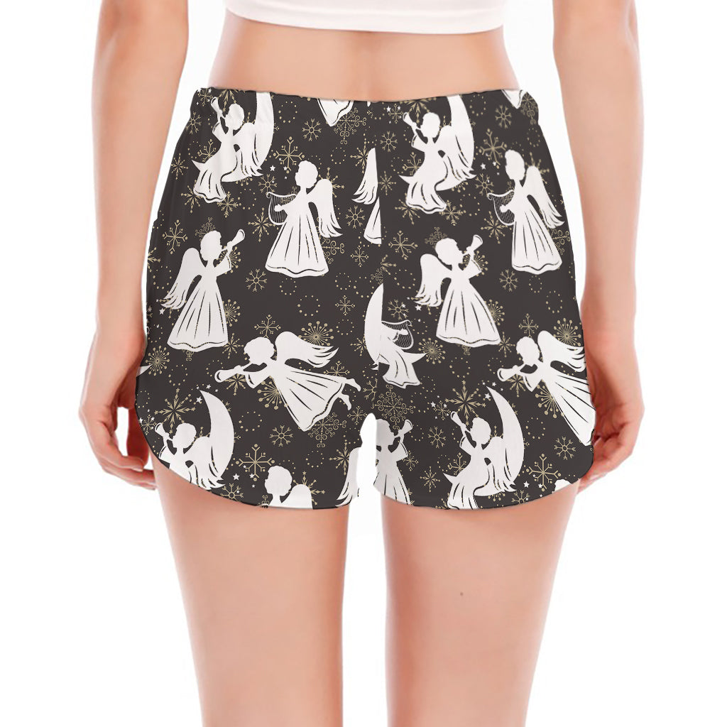Angel And Snowflake Pattern Print Women's Split Running Shorts