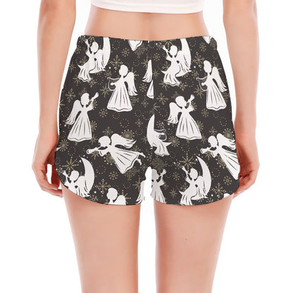 Angel And Snowflake Pattern Print Women's Split Running Shorts