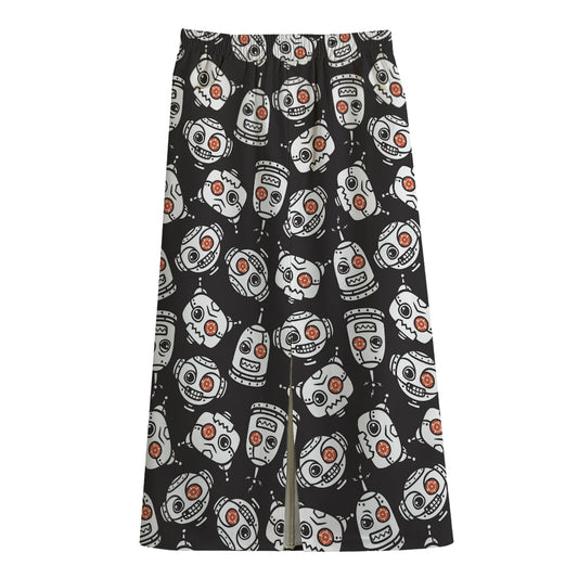 Angry Robot Pattern Print Cotton Front Slit Maxi Skirt