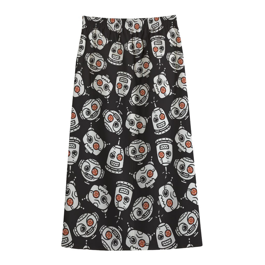 Angry Robot Pattern Print Cotton Front Slit Maxi Skirt