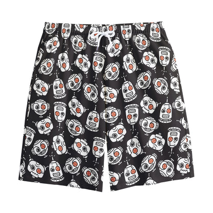 Angry Robot Pattern Print Cotton Shorts