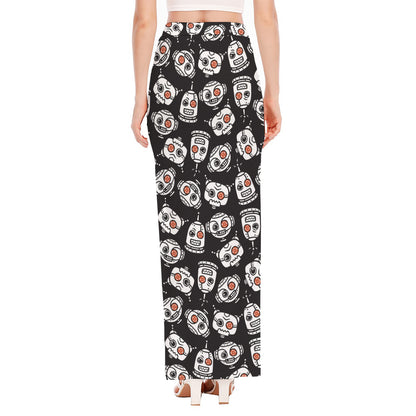 Angry Robot Pattern Print High Slit Maxi Skirt