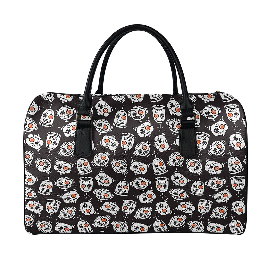Angry Robot Pattern Print Leather Duffle Bag