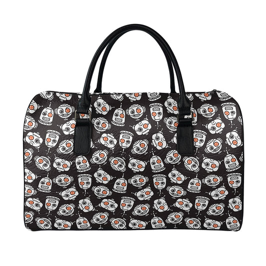 Angry Robot Pattern Print Leather Duffle Bag