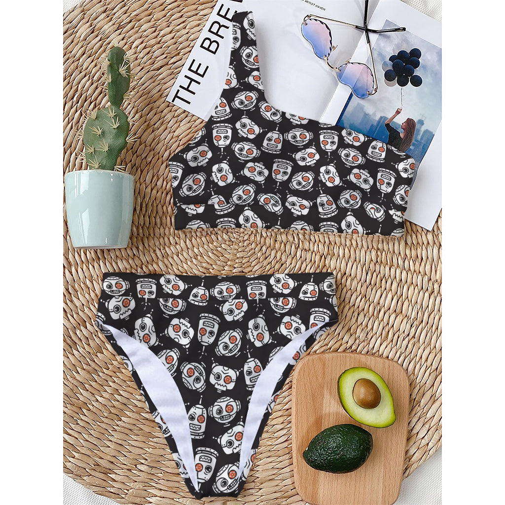 Angry Robot Pattern Print One Shoulder Bikini Top