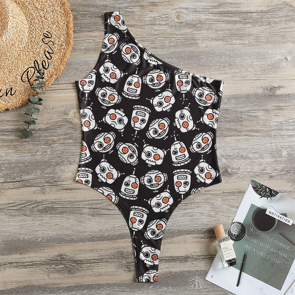 Angry Robot Pattern Print One Shoulder Bodysuit
