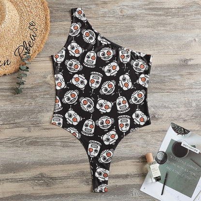 Angry Robot Pattern Print One Shoulder Bodysuit