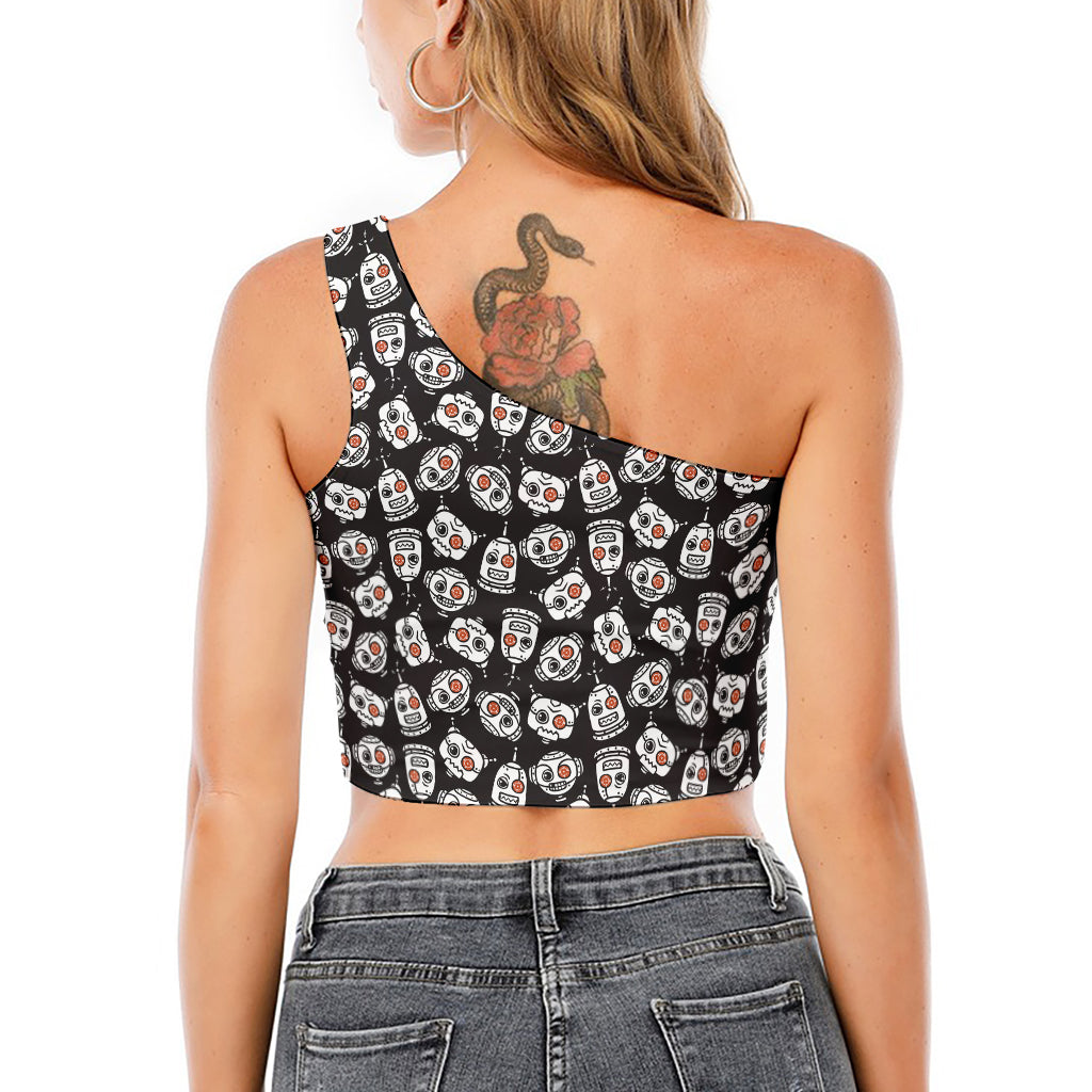 Angry Robot Pattern Print One Shoulder Crop Top