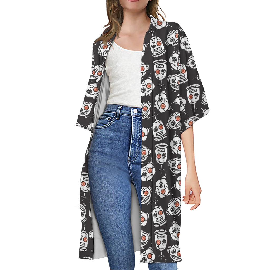 Angry Robot Pattern Print Open Front Beach Cover Up