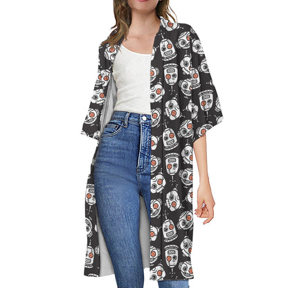 Angry Robot Pattern Print Open Front Beach Cover Up