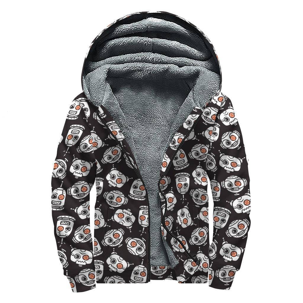 Angry Robot Pattern Print Sherpa Lined Zip Up Hoodie