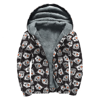 Angry Robot Pattern Print Sherpa Lined Zip Up Hoodie