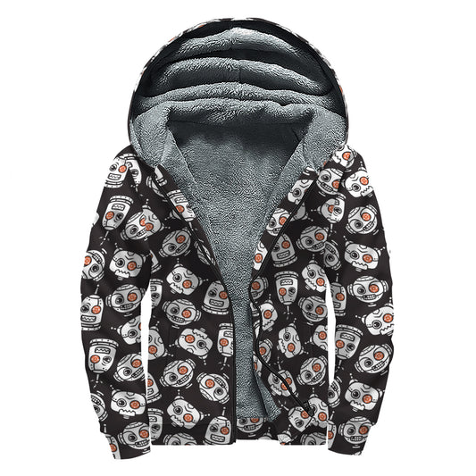 Angry Robot Pattern Print Sherpa Lined Zip Up Hoodie