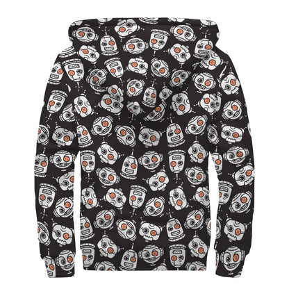 Angry Robot Pattern Print Sherpa Lined Zip Up Hoodie