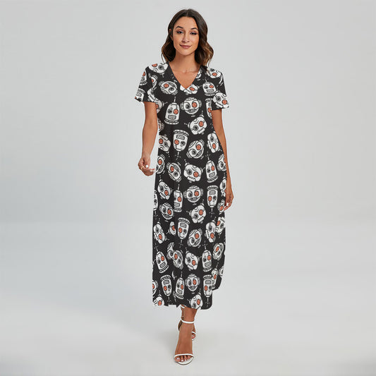 Angry Robot Pattern Print Short Sleeve Maxi Dress