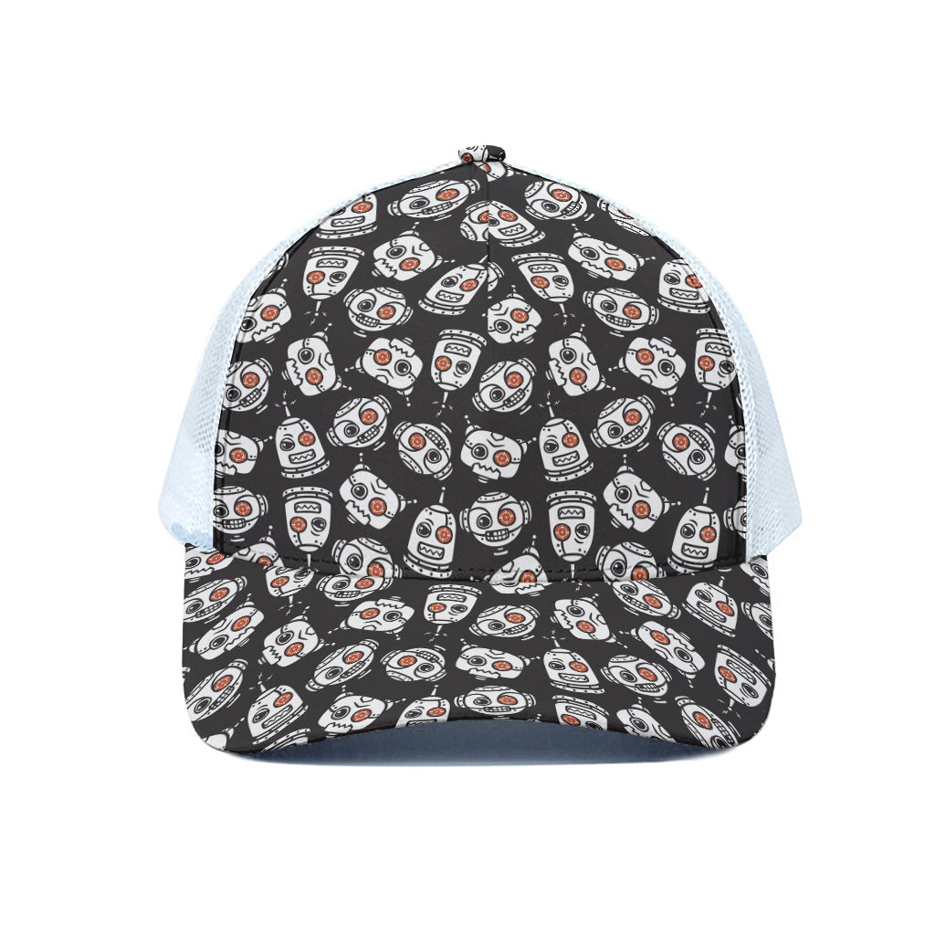 Angry Robot Pattern Print White Mesh Trucker Cap