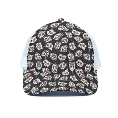 Angry Robot Pattern Print White Mesh Trucker Cap