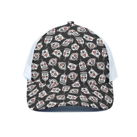Angry Robot Pattern Print White Mesh Trucker Cap
