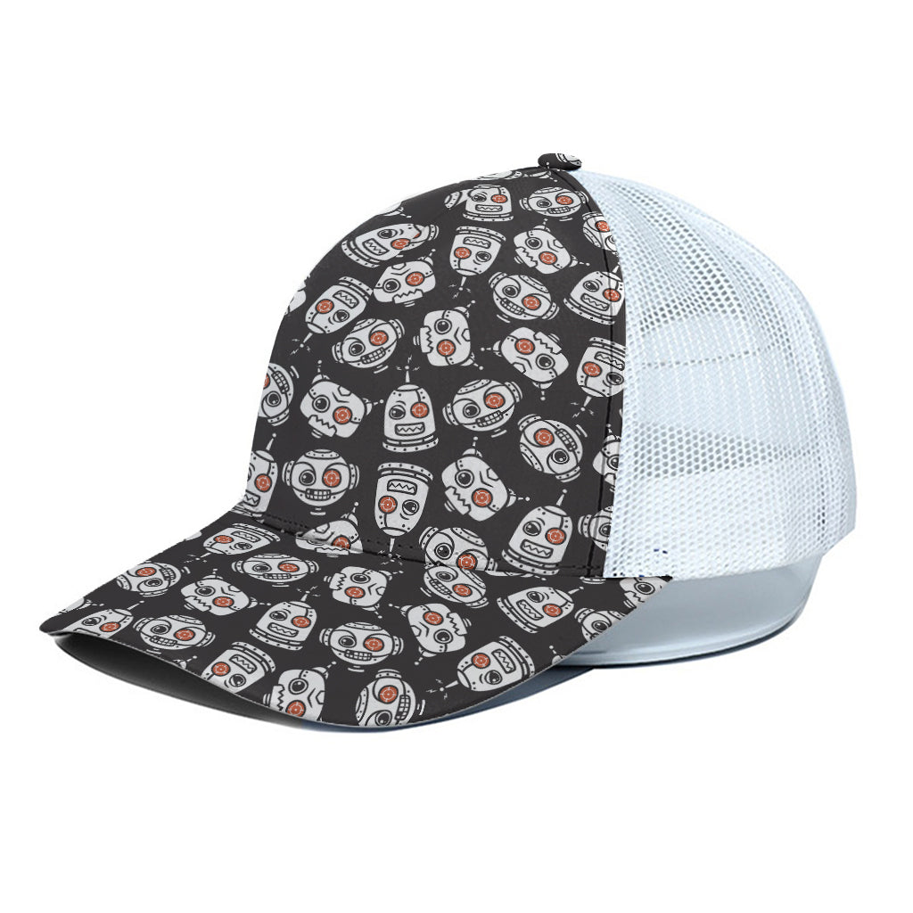 Angry Robot Pattern Print White Mesh Trucker Cap