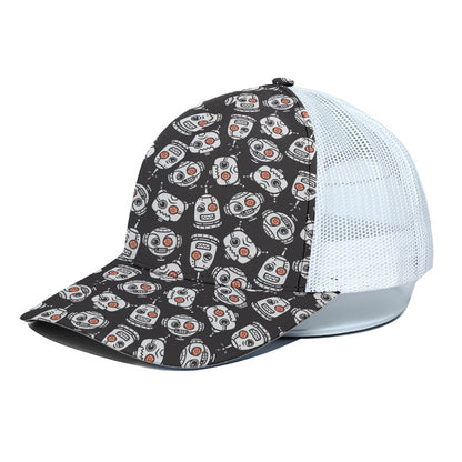 Angry Robot Pattern Print White Mesh Trucker Cap