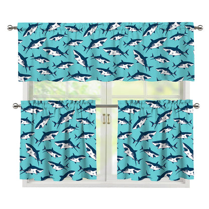 Angry Shark Pattern Print 3 Piece Kitchen Curtains