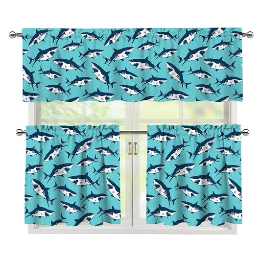 Angry Shark Pattern Print 3 Piece Kitchen Curtains