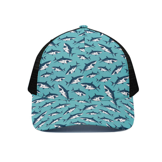 Angry Shark Pattern Print Black Mesh Trucker Cap