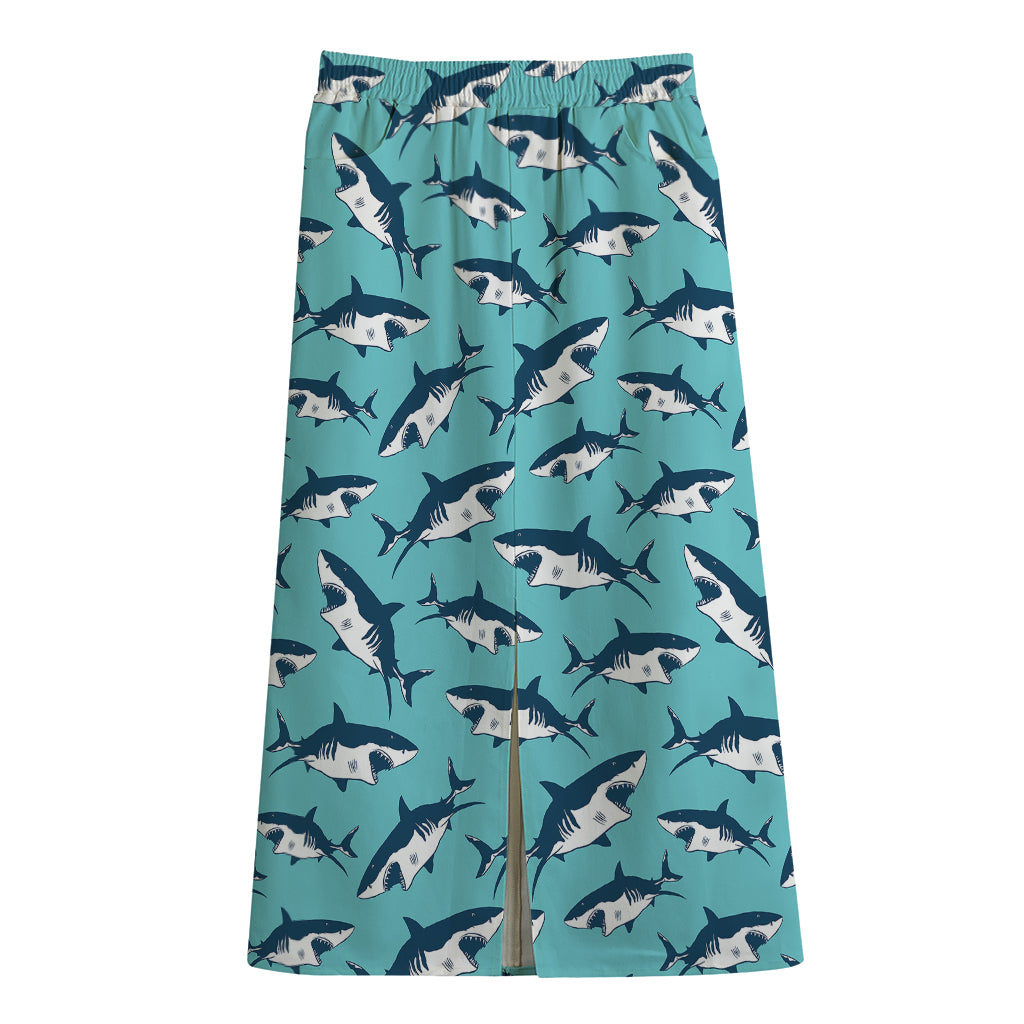 Angry Shark Pattern Print Cotton Front Slit Maxi Skirt