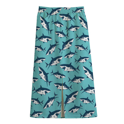 Angry Shark Pattern Print Cotton Front Slit Maxi Skirt