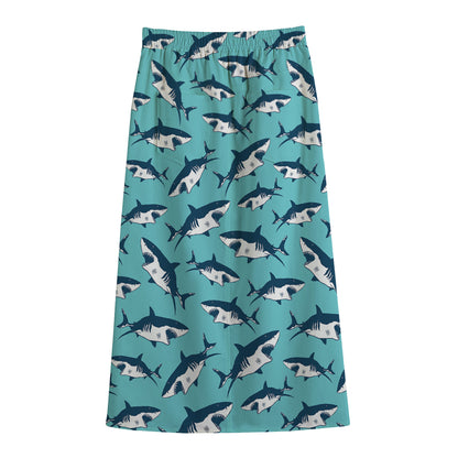 Angry Shark Pattern Print Cotton Front Slit Maxi Skirt