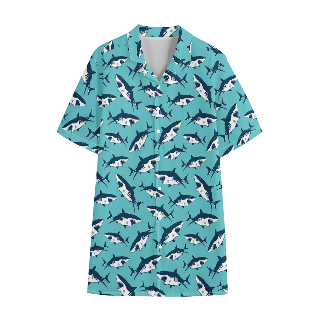 Angry Shark Pattern Print Cotton Hawaiian Shirt