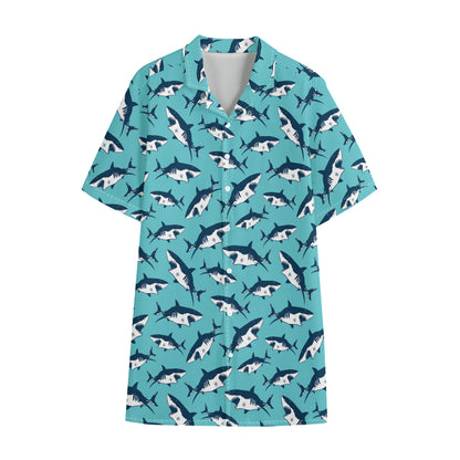 Angry Shark Pattern Print Cotton Hawaiian Shirt