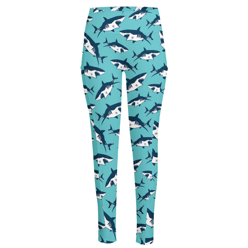 Angry Shark Pattern Print High-Waisted Pocket Leggings