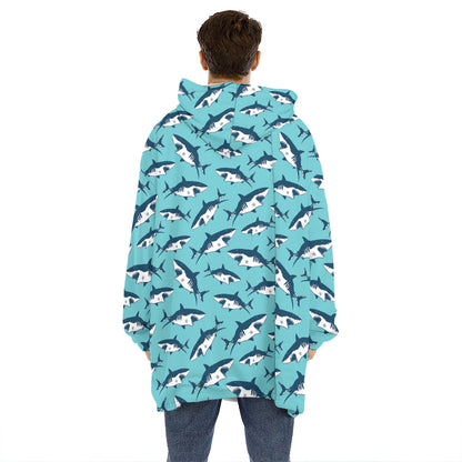 Angry Shark Pattern Print Hoodie Blanket